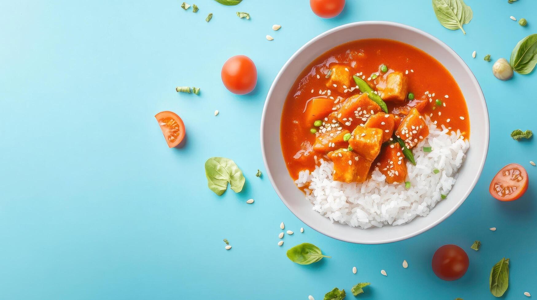 Tomato sauce tofu with rice, served in bowl, basil leaves around, on cyan blue background photo