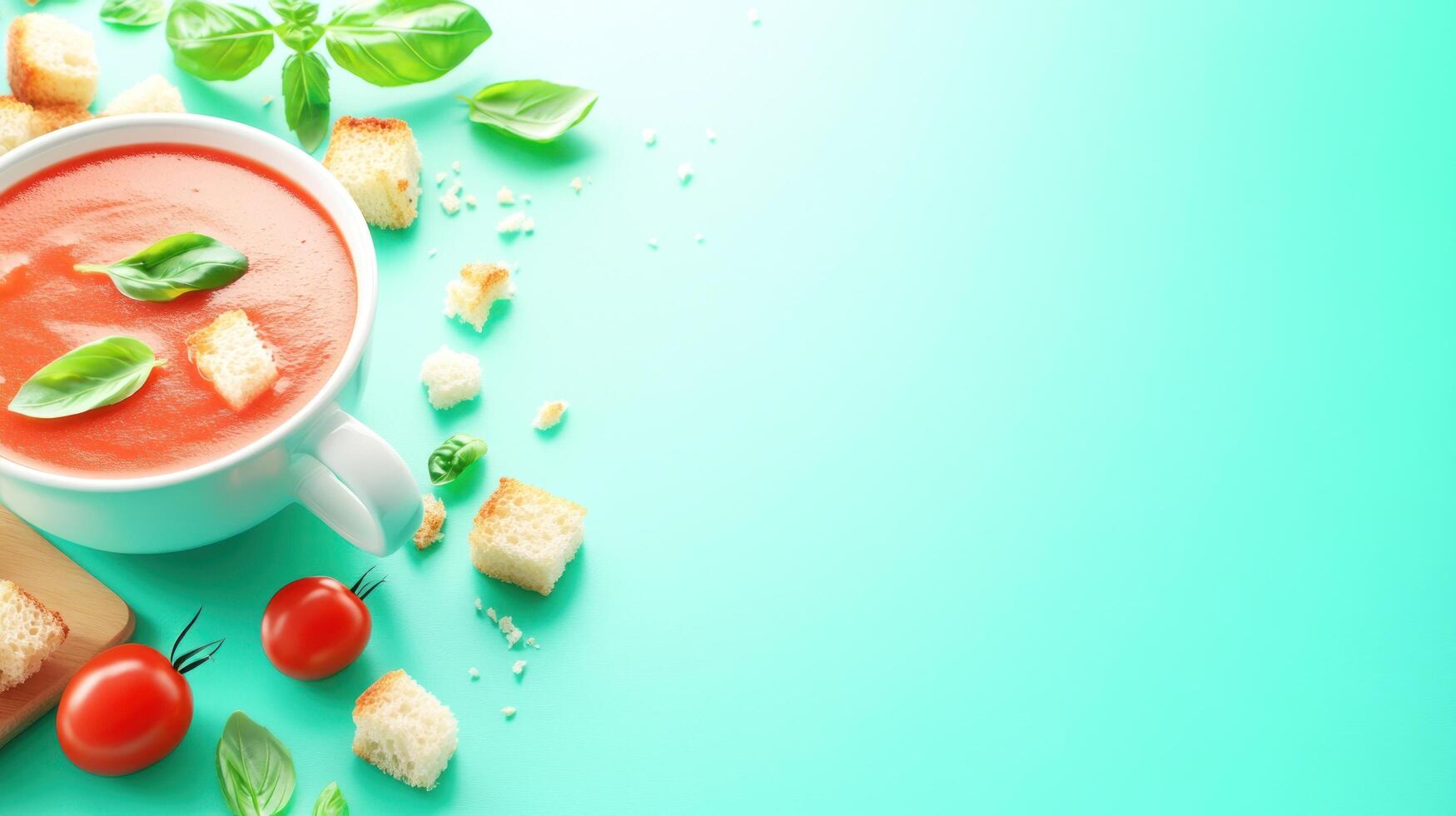 Tomato soup with basil and croutons on the table. Healthy meal background photo