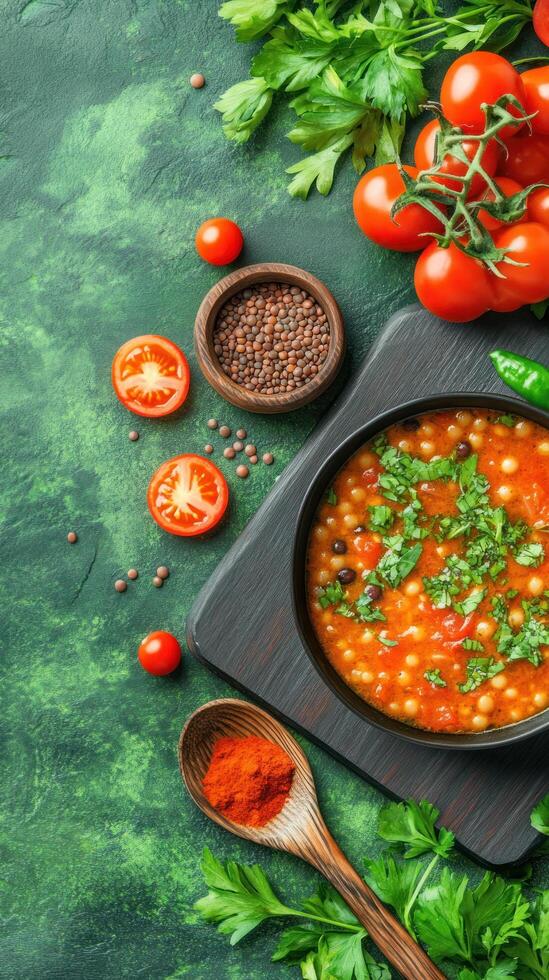 Tomato soup with parsley on a green stone background for food photography and cooking blog photo