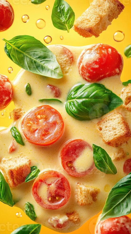 Tomato soup with basil and croutons on a yellow background, served and ready for eating photo