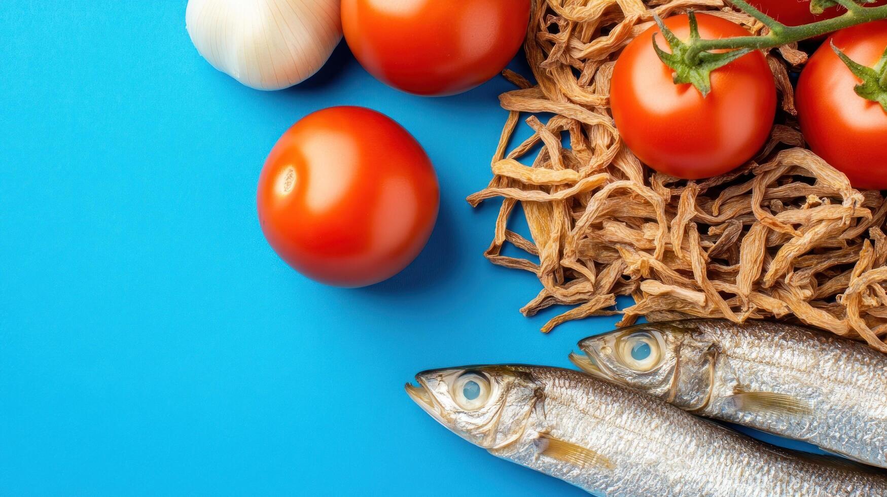 Tomatoes, garlic, fish and dried mushrooms on a blue background. Food blog, banner or menu photo