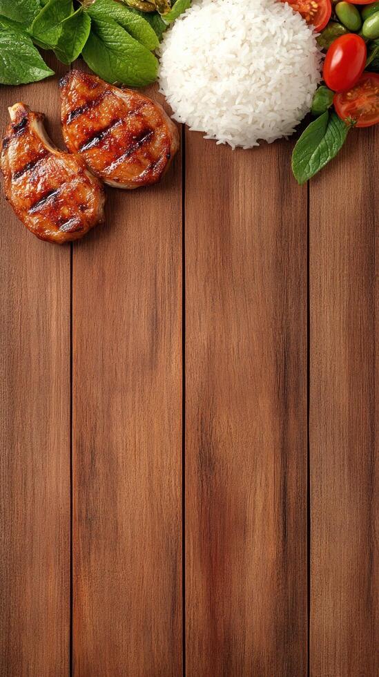 Top view Grilled beef chops with rice and vegetables on a wooden table, ready to eat photo