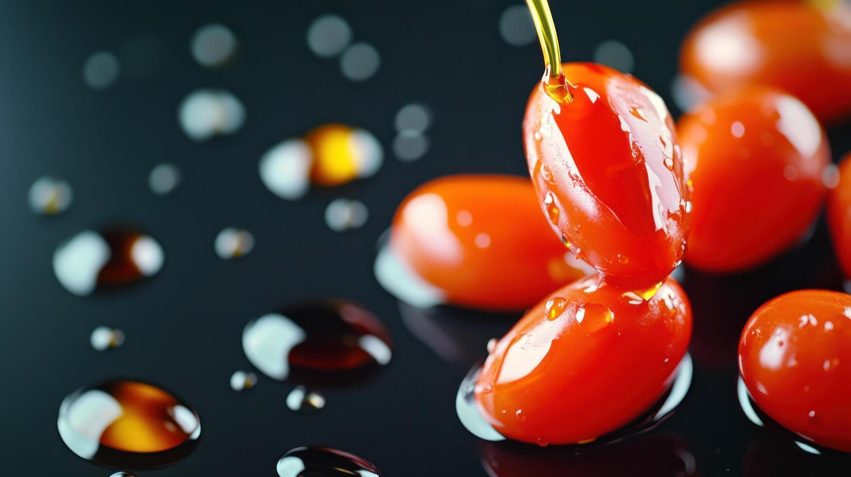 Tomatoes get drizzled with olive oil in an Italian kitchen to use in healthy eating diet photo