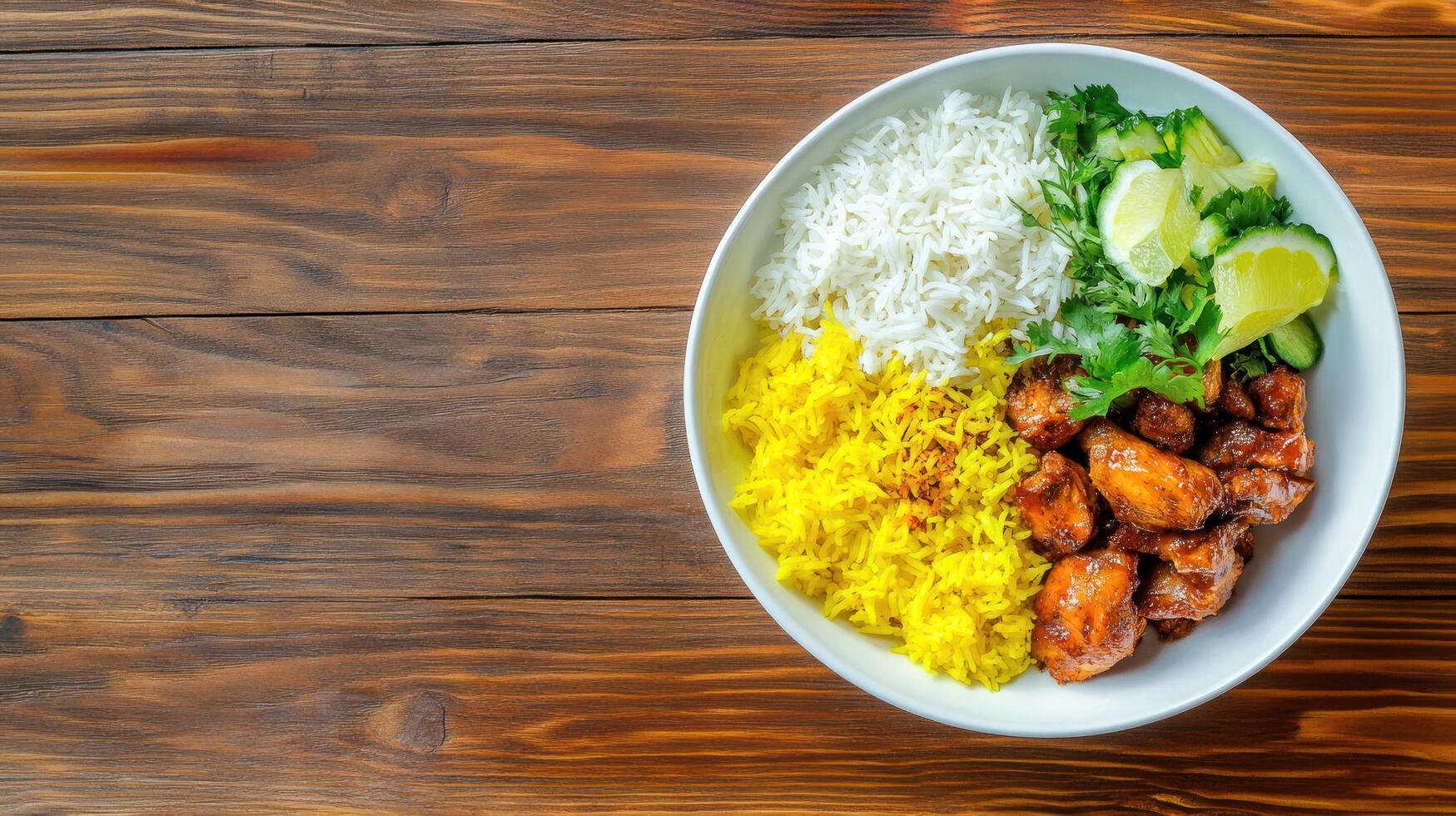 Top view of a bowl with cooked chicken, rice and cucumbers on a wooden table for recipe concept photo