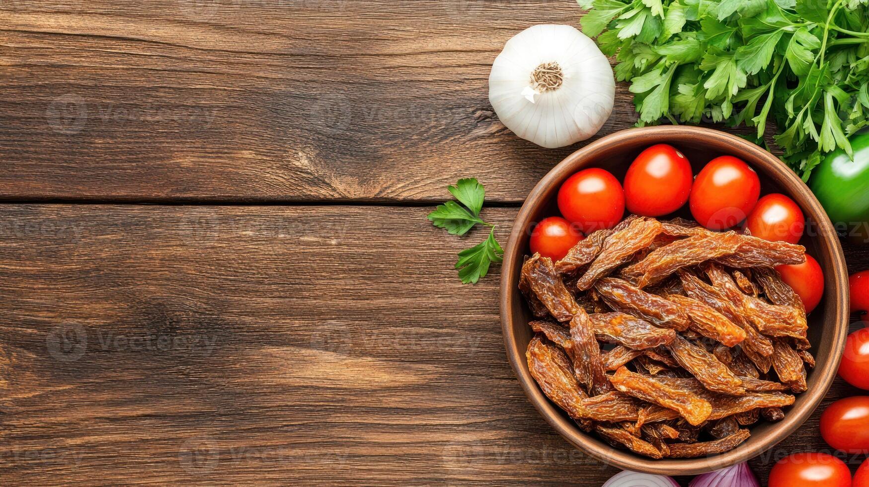 Tomatoes, sun-dried in bowl with garlic, parsley on wood table, food blog photo