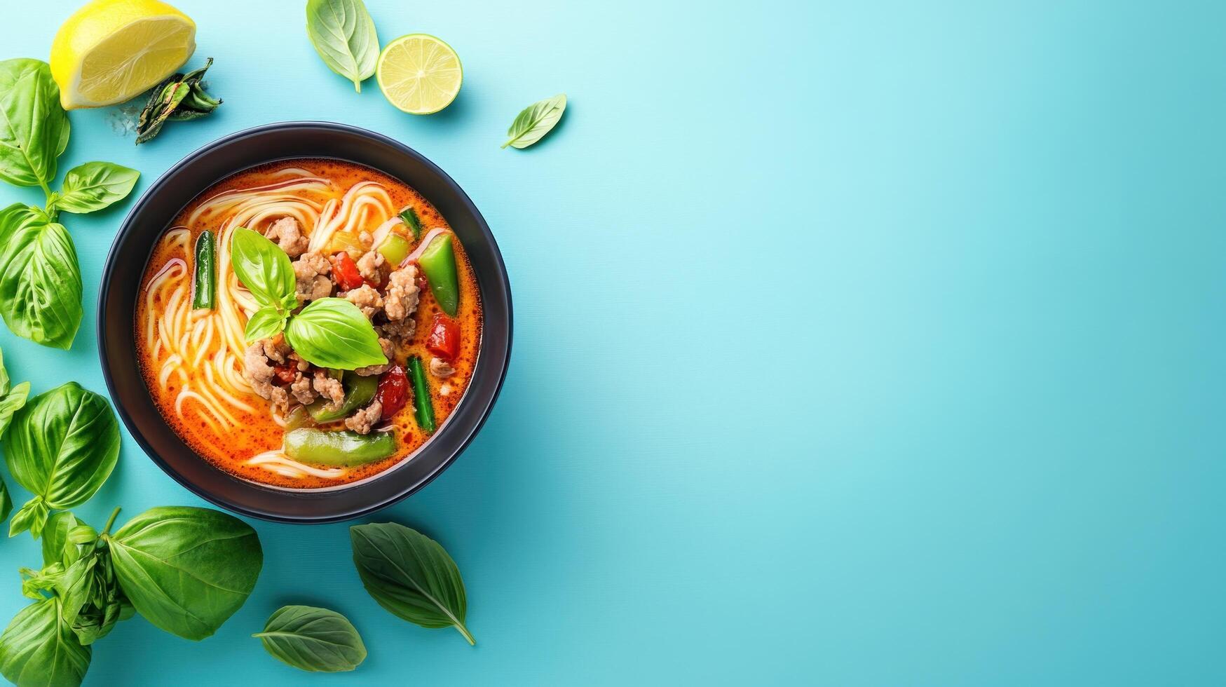 Top view of a noodle soup bowl with fresh basil, and limes on a blue background. For healthy recipes photo
