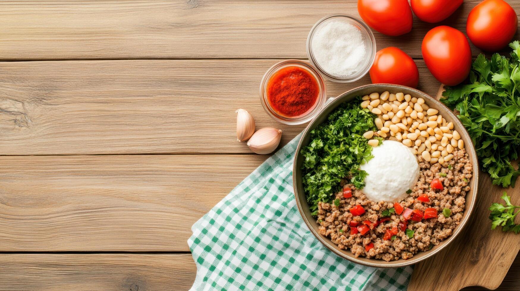 Top view of a healthy rice bowl with meat, and vegetables on wooden table for recipe blog photo
