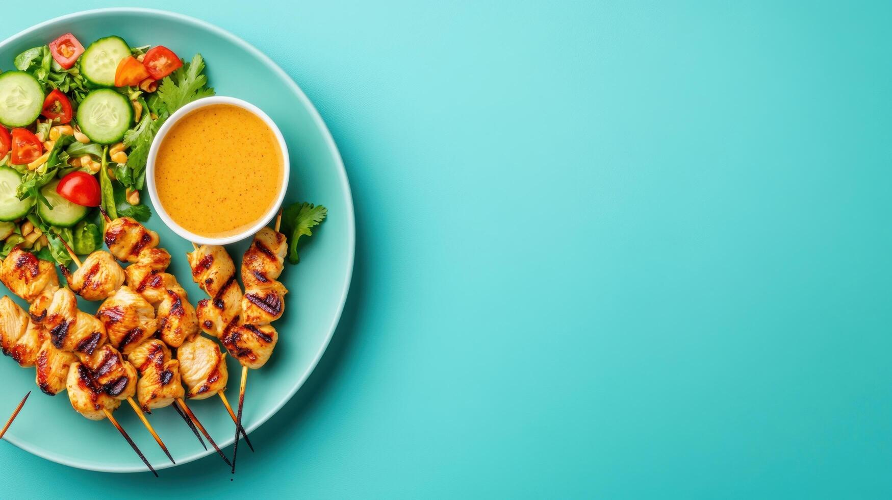 Top view of chicken skewers, salad and sauce on a plate, for restaurant menu use photo