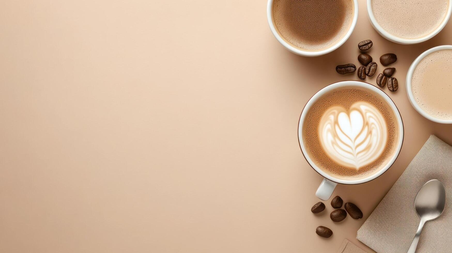 Top view of hot cappuccino in a mug with heart art, coffee beans on table for food blog photo