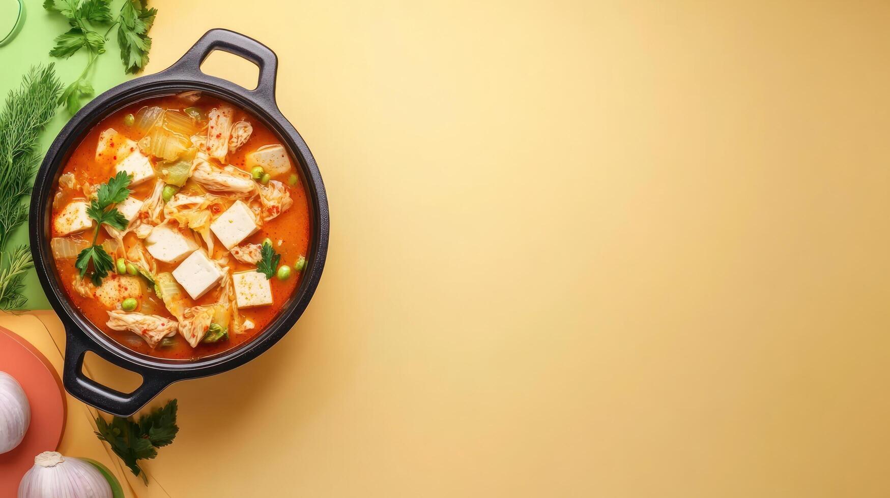 Top view of kimchi stew with tofu and vegetables. Comfort food concept on a yellow background photo