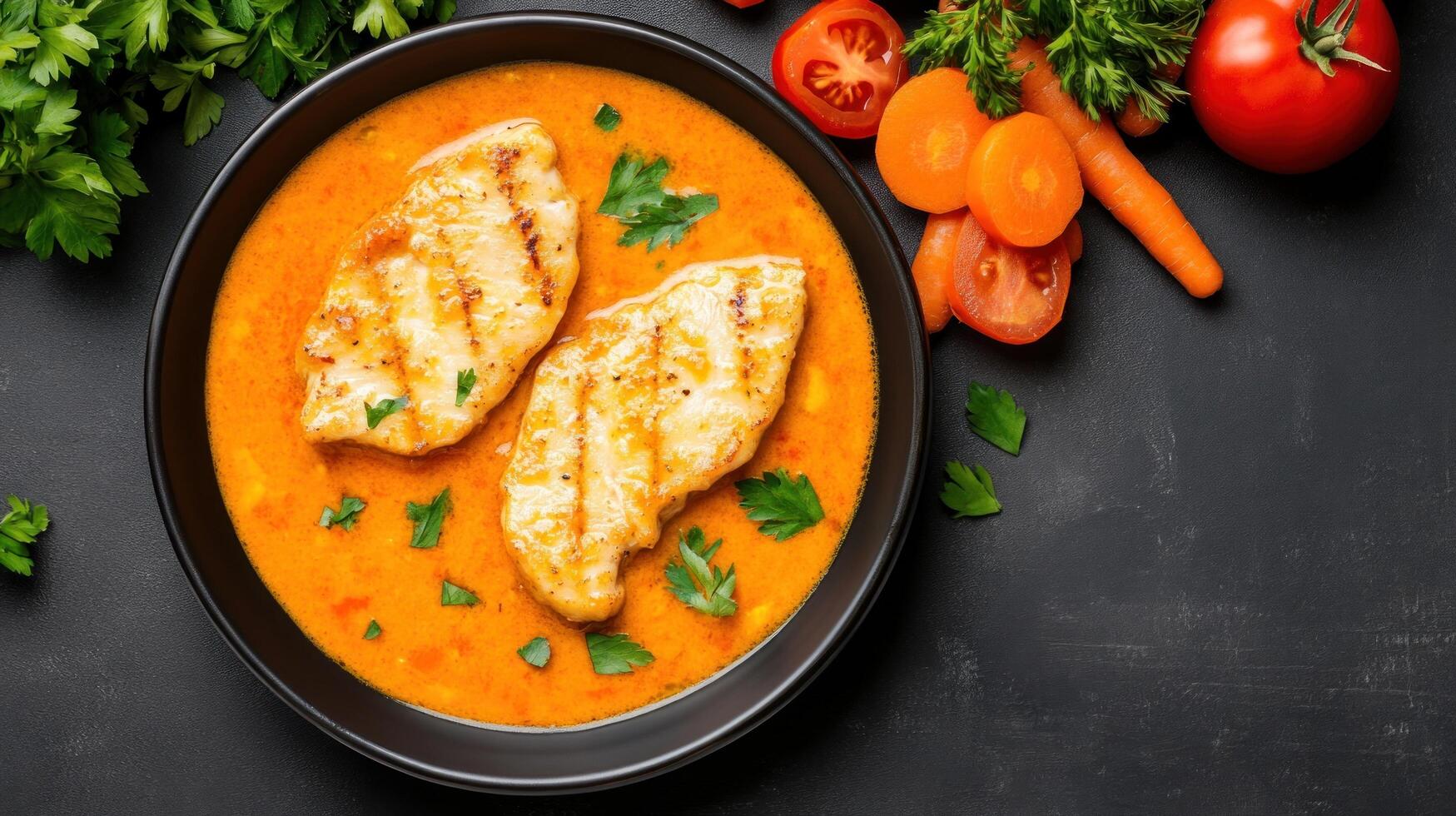 Top view of grilled chicken breast in orange sauce and vegetable garnishing. Food photography photo
