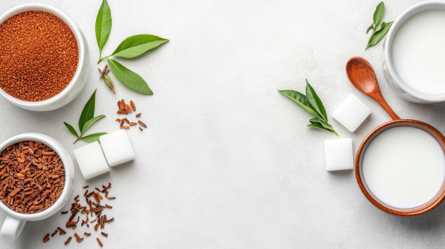 Top view of sugar and tea with milk on white table, possible health or diet use photo
