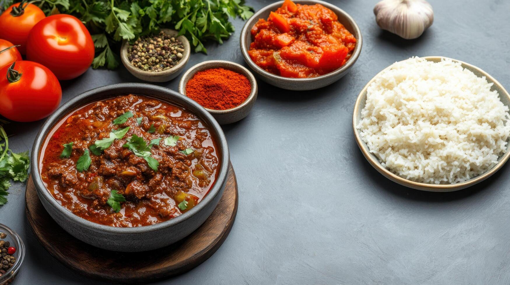 Top view of stew and rice dish with fresh ingredients, on a table, with a blank space for text photo