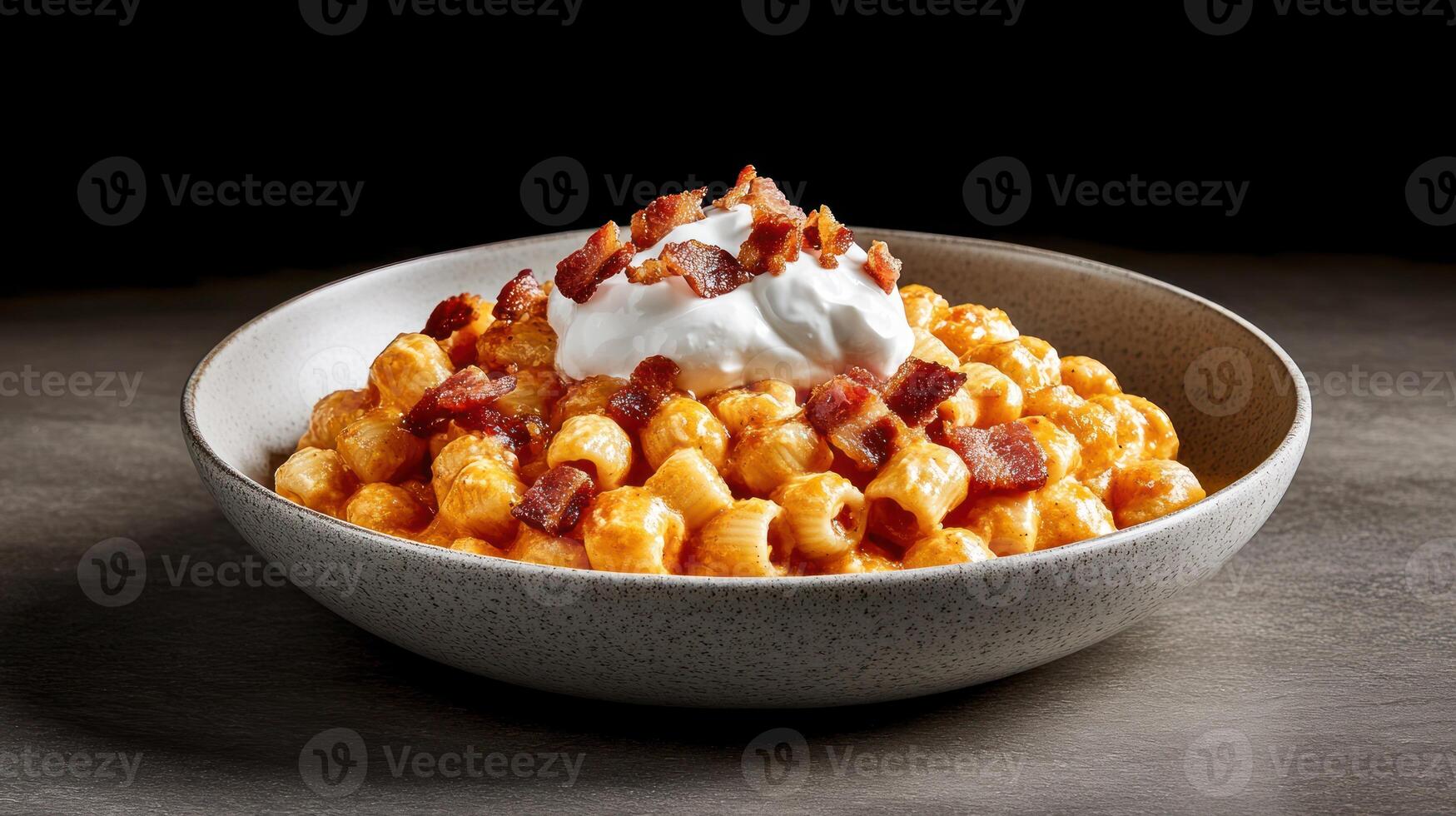 Tot appetizer. Cheese, bacon bits and cream on small macaroni in a bowl. Fast food dish photo