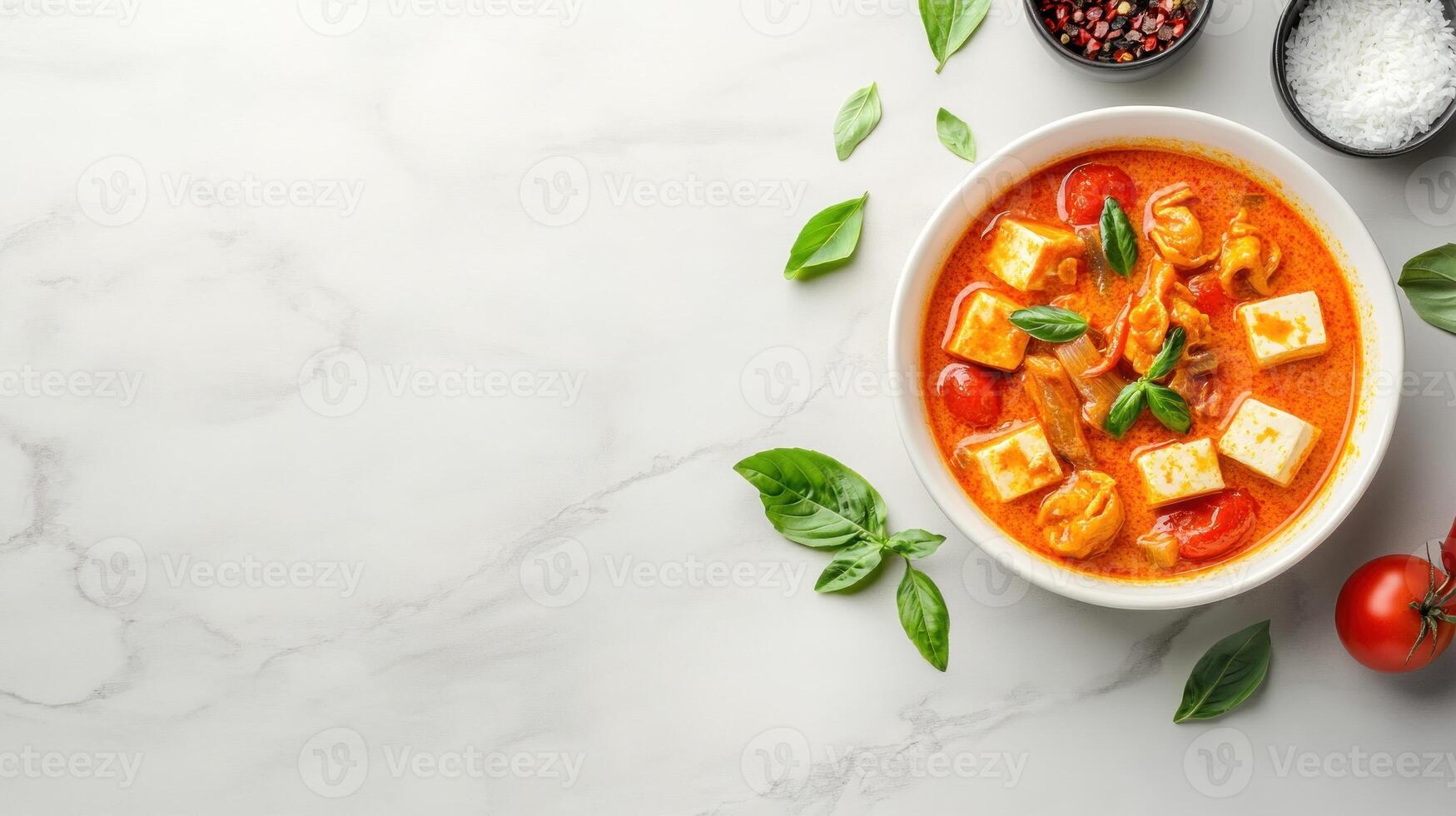 Top-down shot of tofu veggies in a creamy soup on a marble background. Stock photo