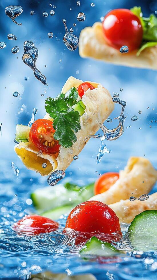 Tortilla wrap with veggies in water splash. Food photography for recipe sites and healthy food blogs photo
