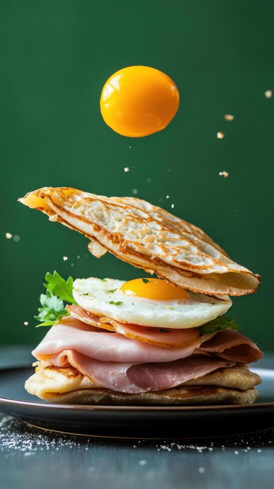 Towered Breakfast Ham, egg, and pancake with yolk, suitable for restaurant menus, food blogs photo