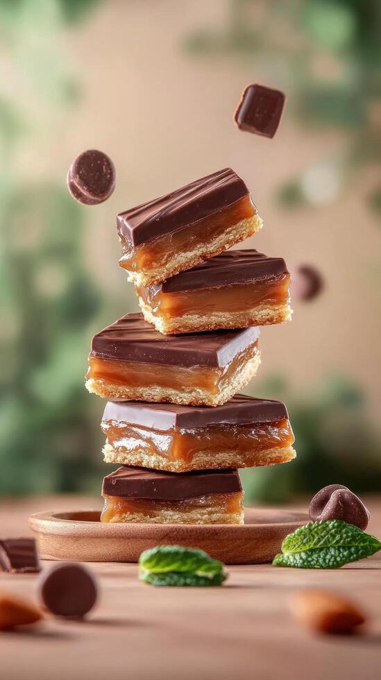 Tower of caramel squares with candies falling on table, plants in background, for dessert menu photo