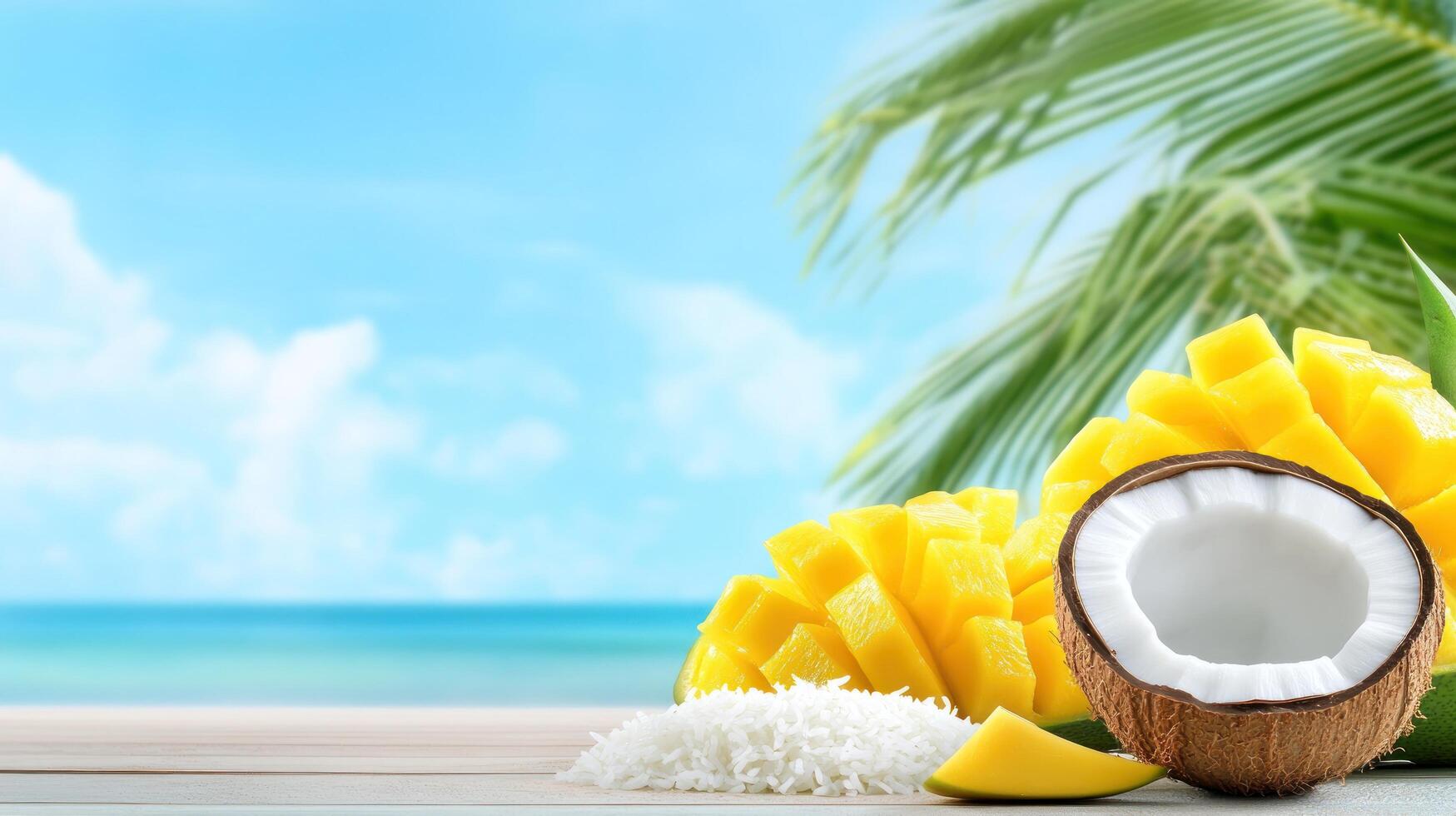 Tropical fruits on a table, with ocean and palm tree fronds on the backdrop, for summer ad photo