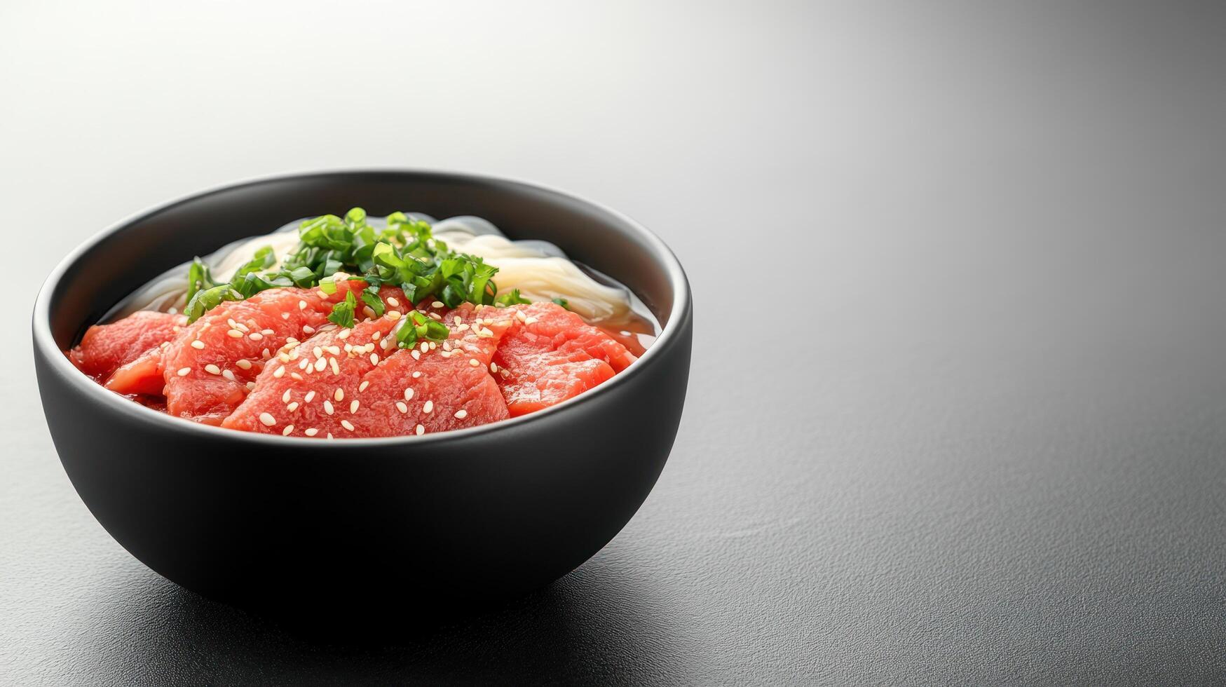 Tuna donburi with rice noodles and scallions served in a black bowl with a dark surface background for menu use photo