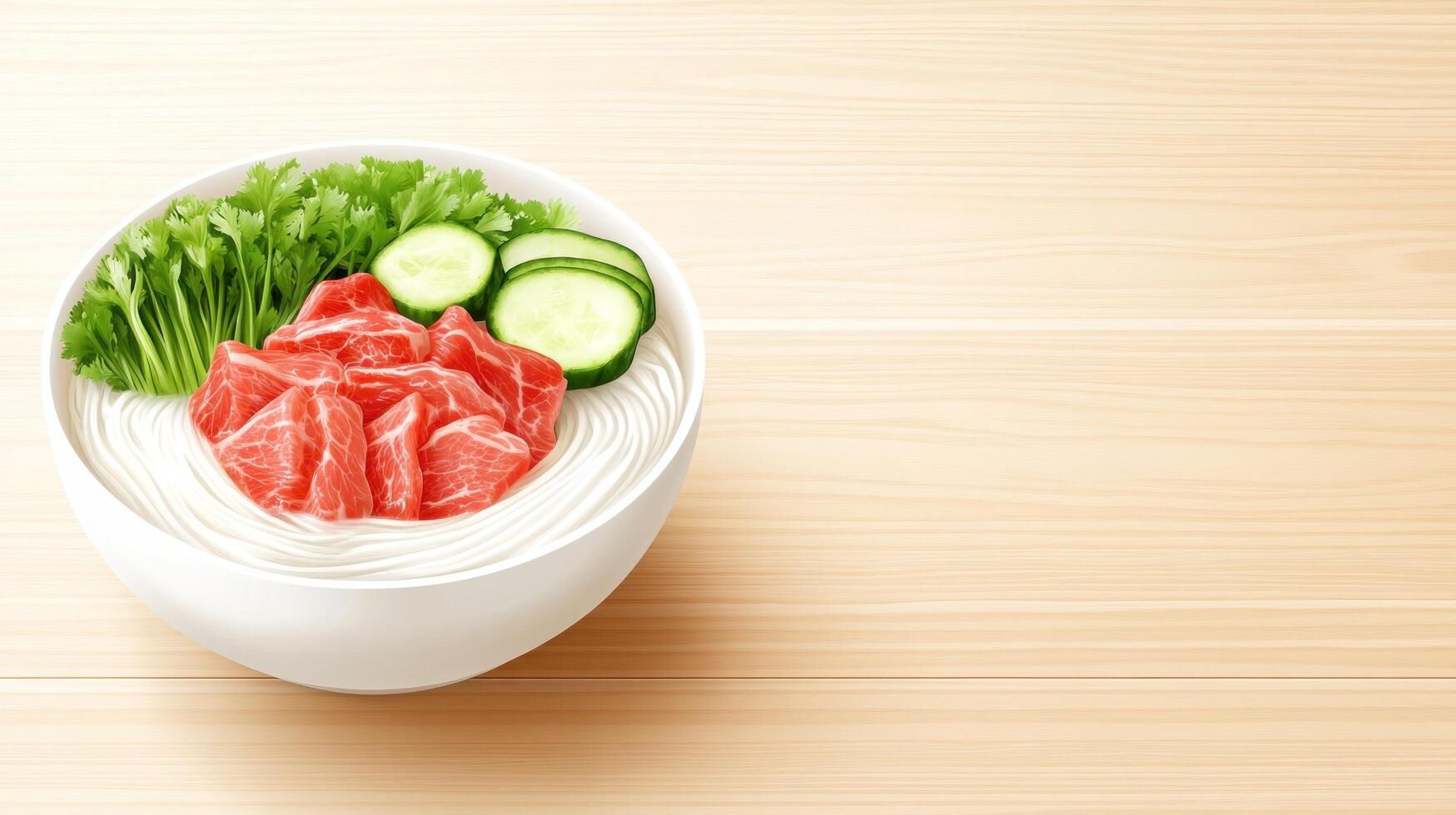 Tuna, noodles and salad in a bowl for commercial use, on a wooden background photo