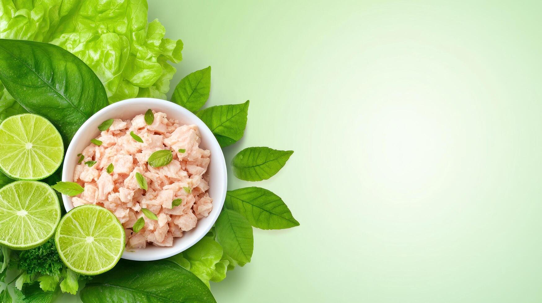 Tuna in bowl with lime and salad on green background for healthy eating and diet use photo