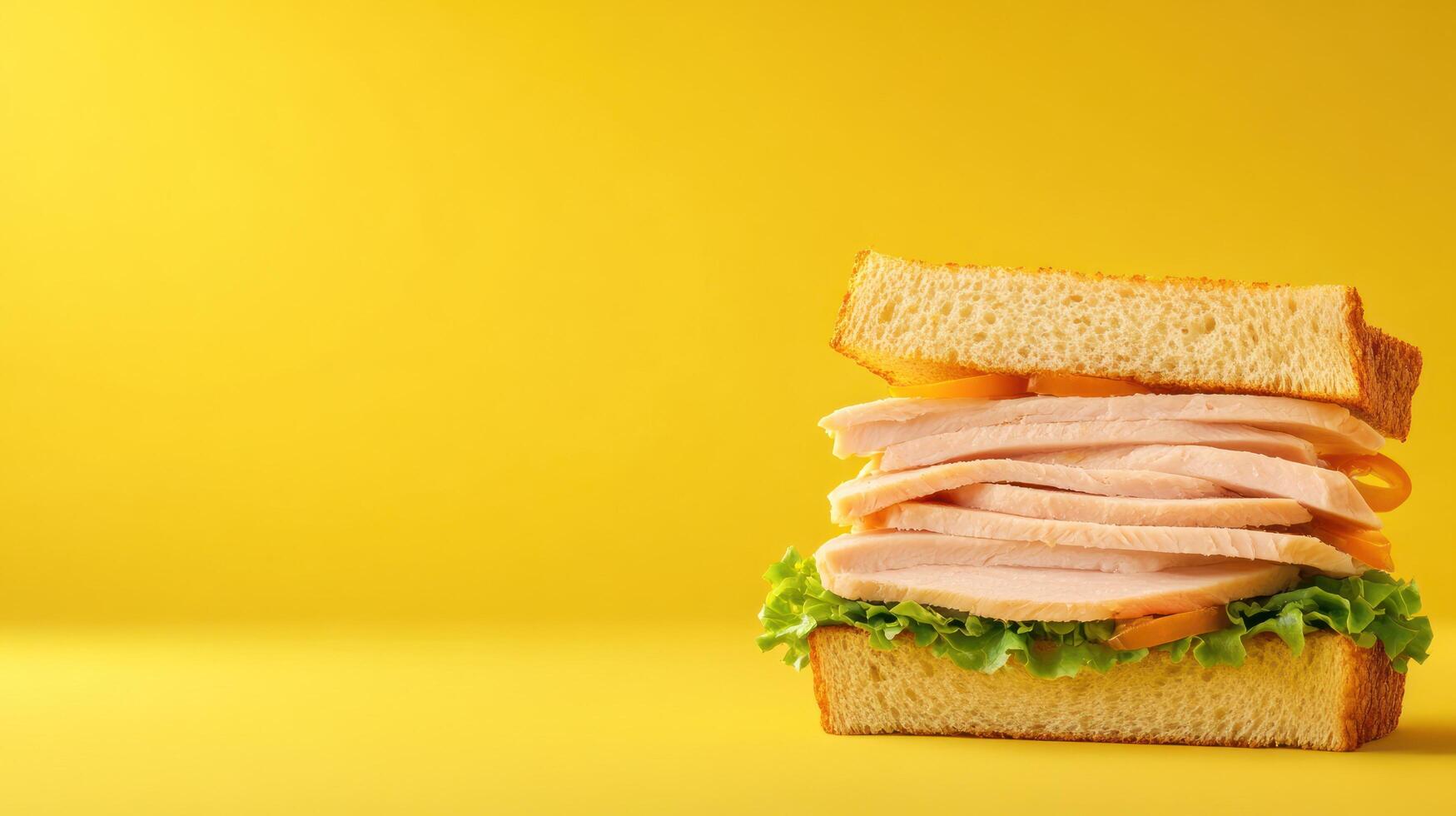 Turkey sandwich with lettuce on yellow background, used as a product image for sale on a website photo