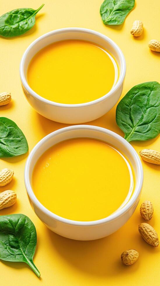 Two bowls of healthy bright soup on a yellow background for nutrition and culinary design photo
