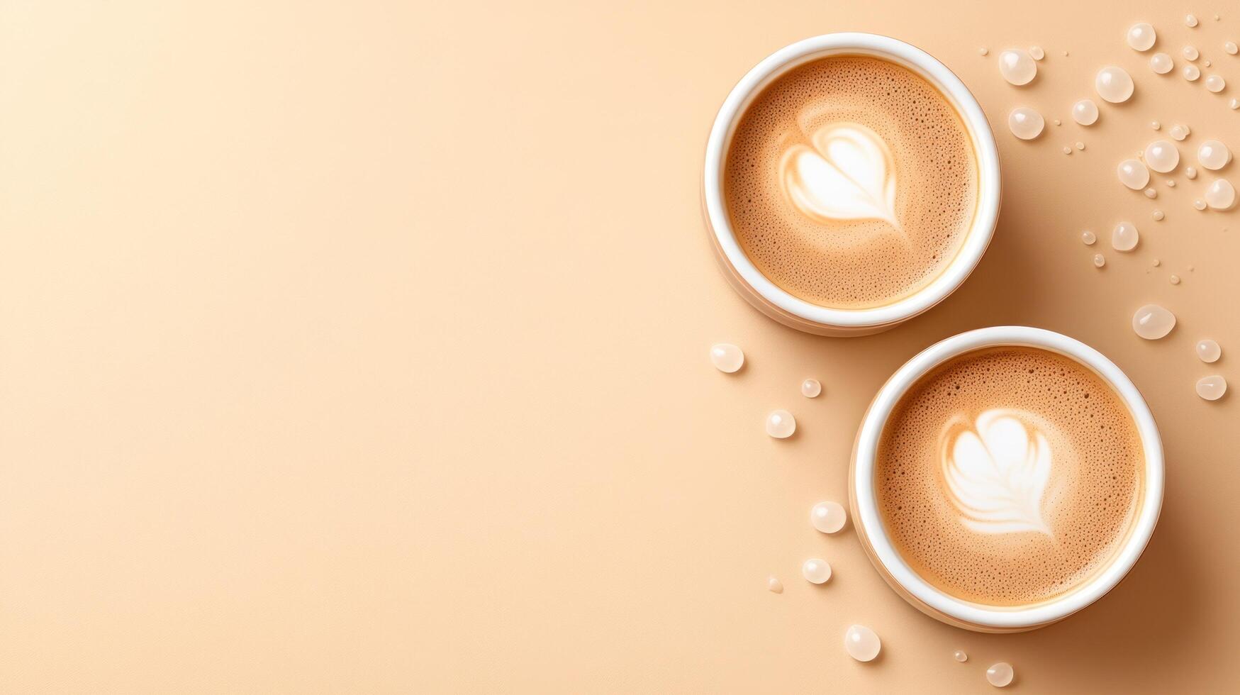 Two cups of coffee with latte art on a smooth background, for a cafe menu or food blog photo
