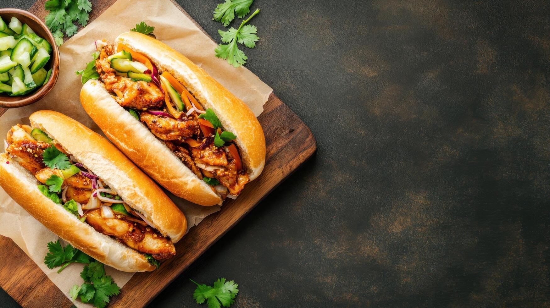Two chicken sandwiches topped with greens on a wooden board, with a dark background. Possible food photography photo