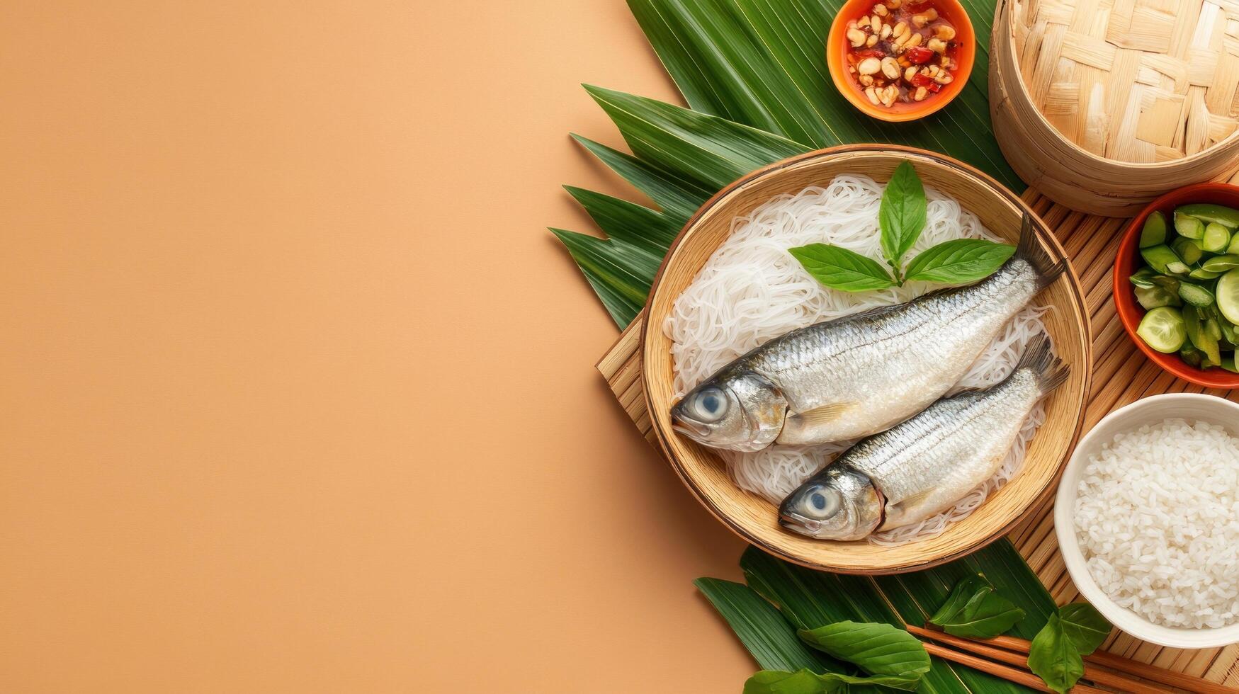 Two fish with noodles for a healthy dish with condiments and plants on a brown background photo