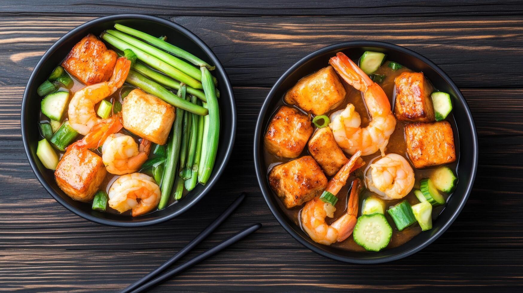 Two seafood bowls with prawns and tofu, ready to eat, on a table, for recipe books photo