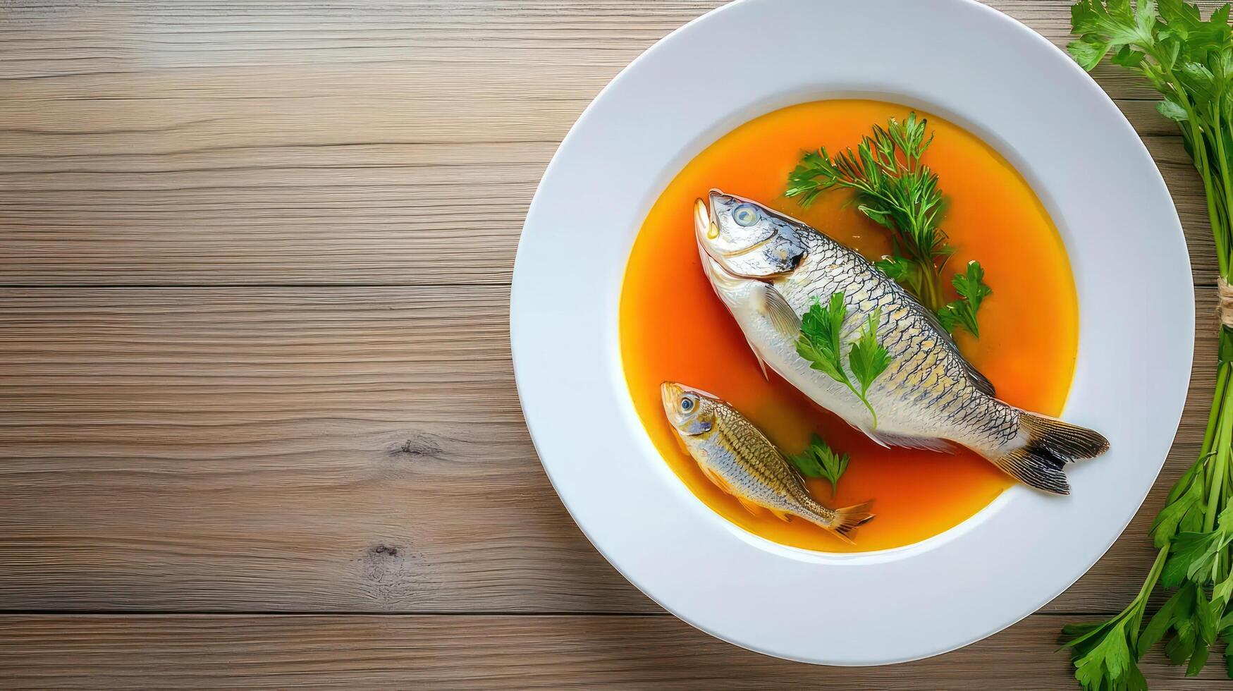Two fish poached in broth on plate served with parsley. Wooden table. Cooking recipe photo