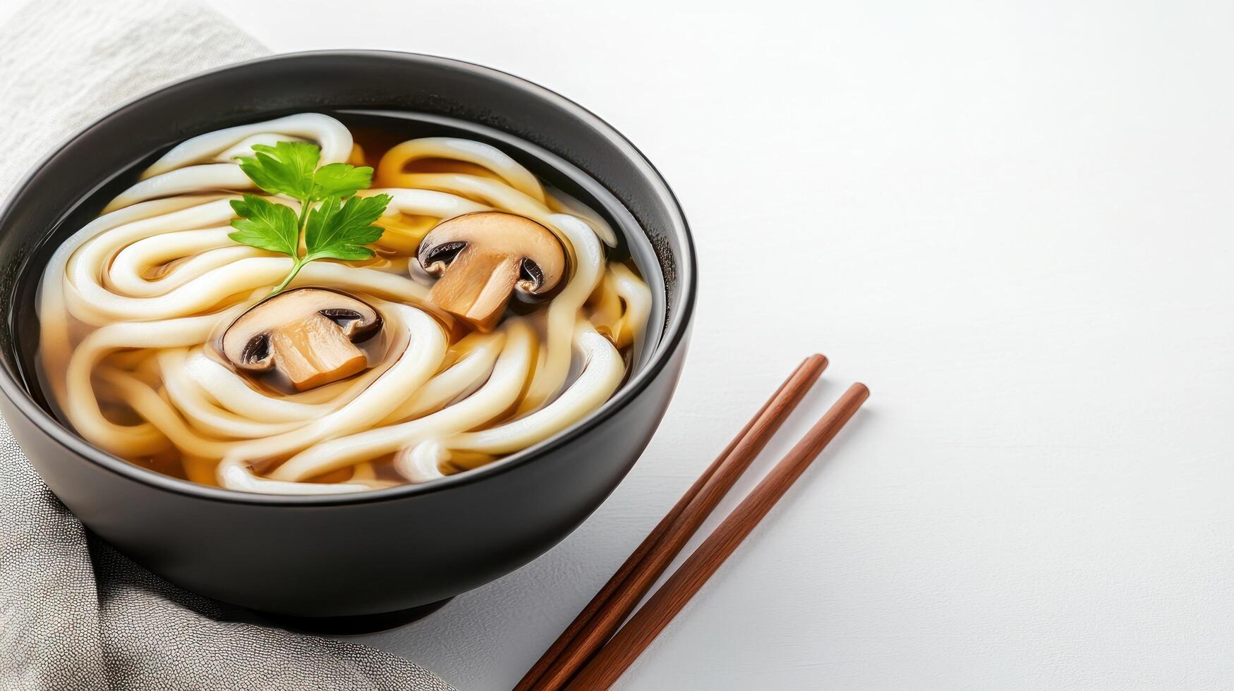 Udon noodle bowl with mushroom garnish, on a white table, next to chop sticks. Asian cuisine photo