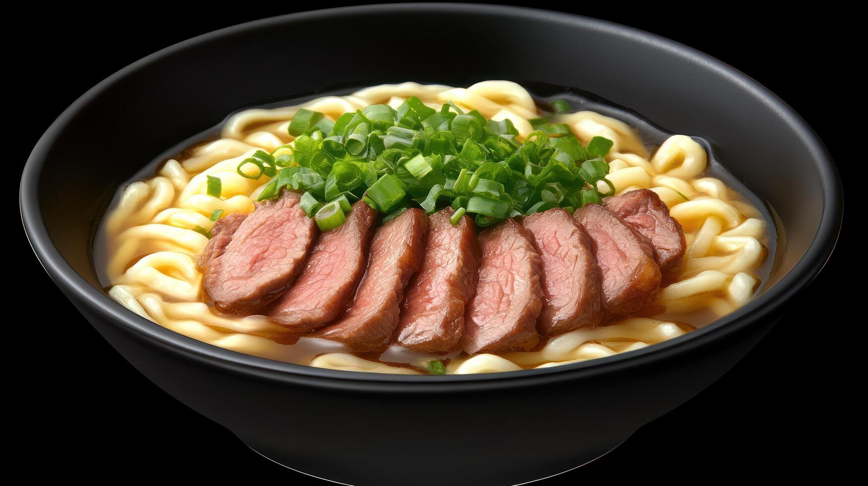 Udon Noodle Soup Bowl with Seared Duck Breast with Scallions on Black Background Food Photography photo
