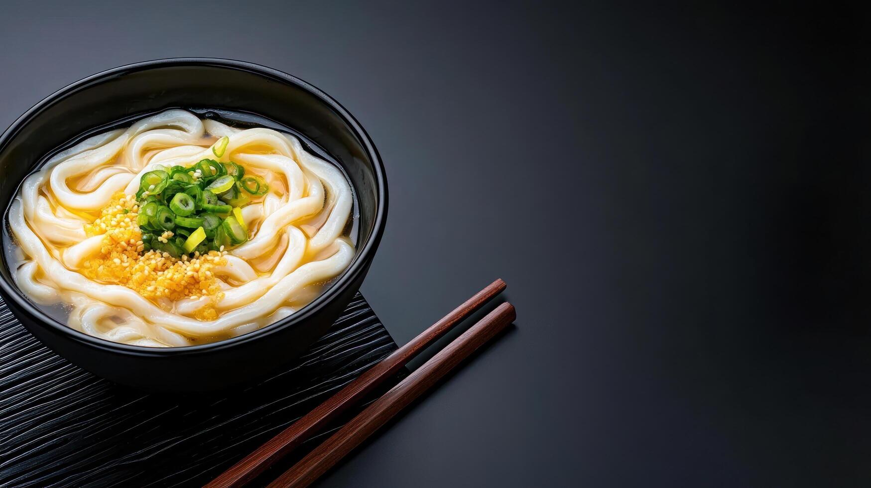 Udon bowl, chopsticks, placed on black wooden board, with minimalist background, for food ads photo