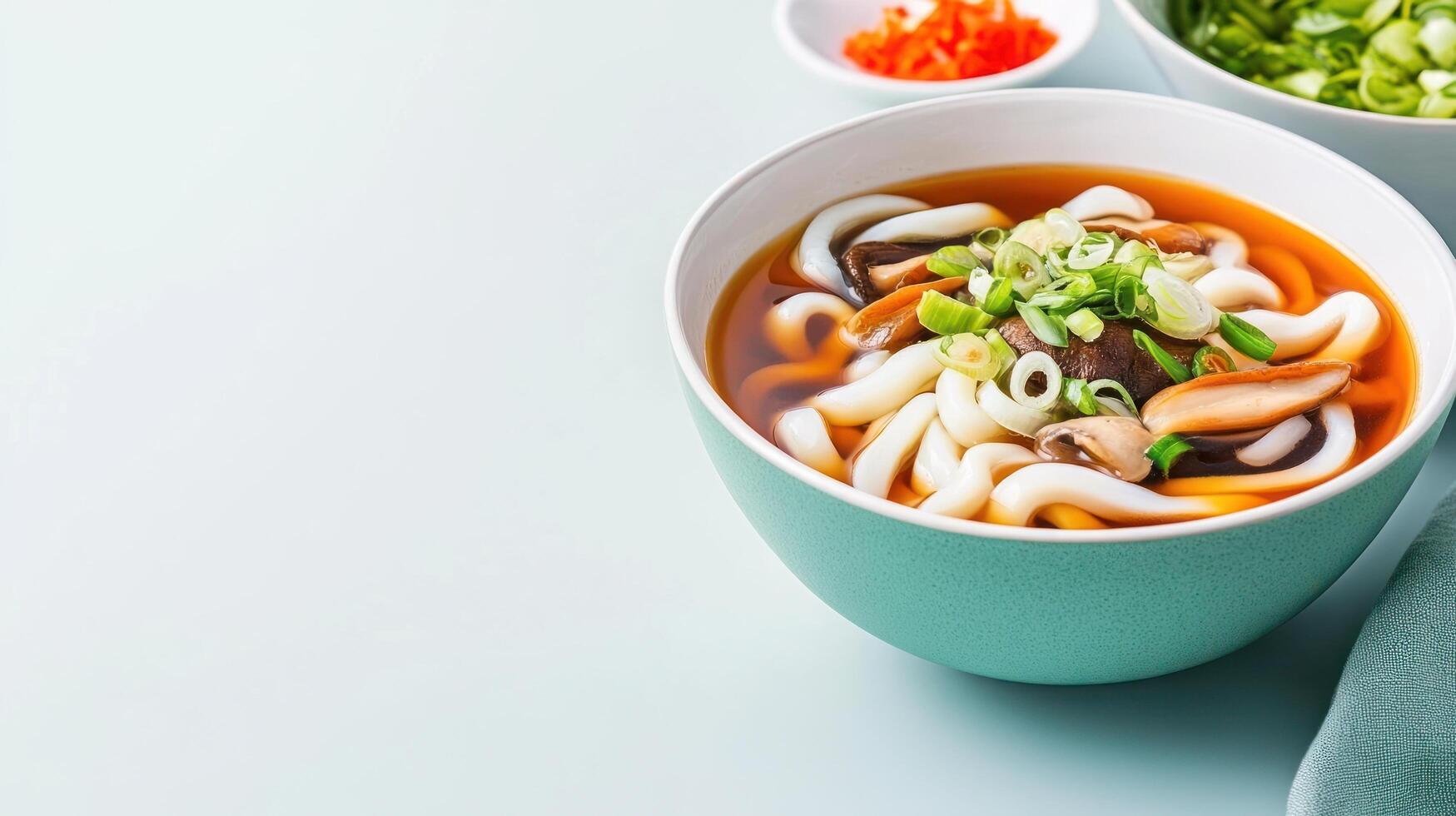Udon noodle soup in bowl with mushrooms. Culinary dish for recipe blog, food photography photo