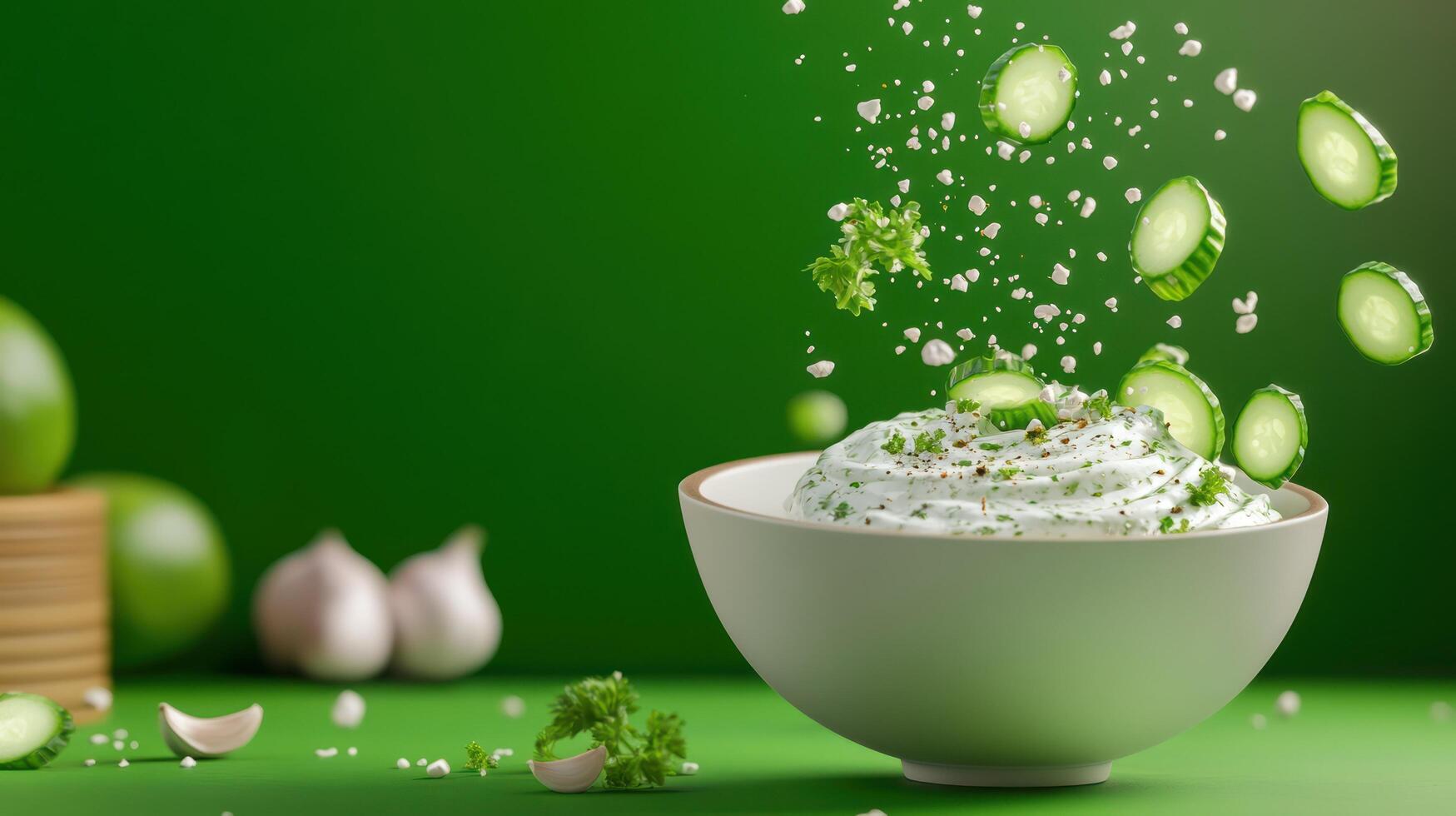 Tzatziki in bowl with cucumber slices falling on top on a green background for food product promotion photo