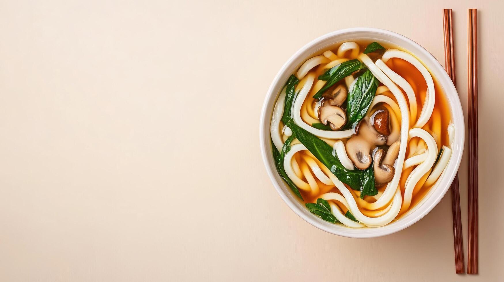 Udon noodle soup with greens and mushrooms. Chopsticks on background. Food photography photo