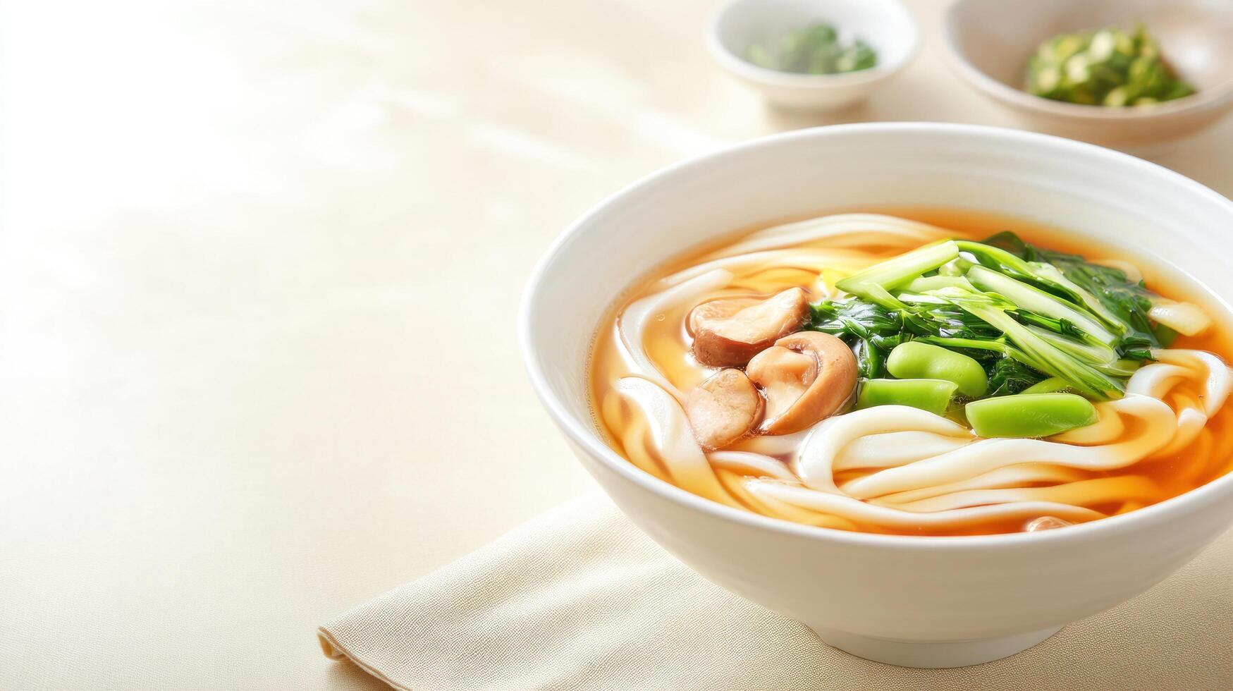 Udon noodles with mushrooms and green vegetables being eaten in a restaurant. For meal ads photo
