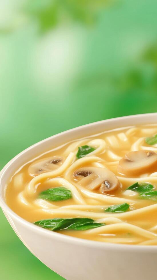 Udon noodles with mushrooms and greens in bowl, background soft, blurred, for food blog, menu photo