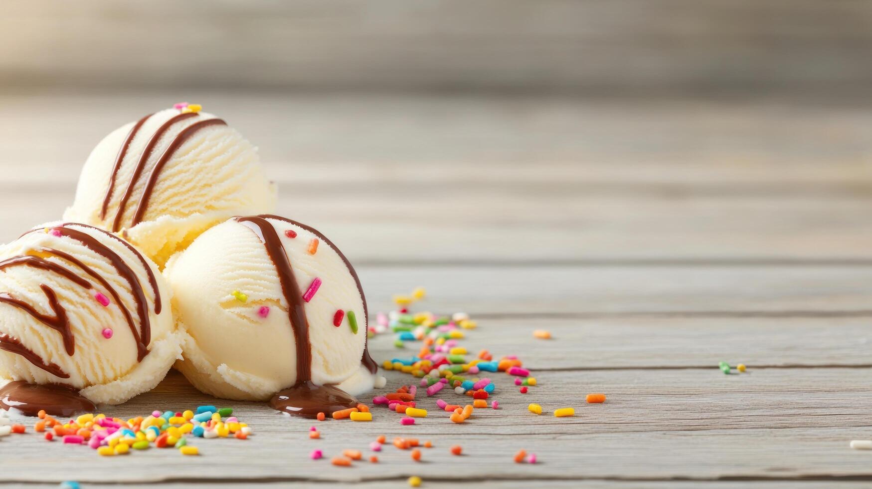 Vanilla ice cream scoops with chocolate drizzle and sprinkles on rustic wood surface, bright backdrop photo