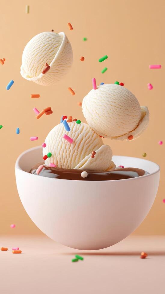 Vanilla ice cream scoops with sprinkles over chocolate sauce, levitating bowl against light orange background photo