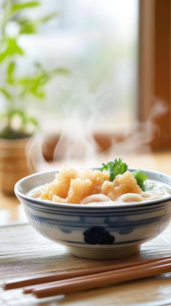 Udon with grated radish, garnished in a serene kitchen setting. Food blog photo