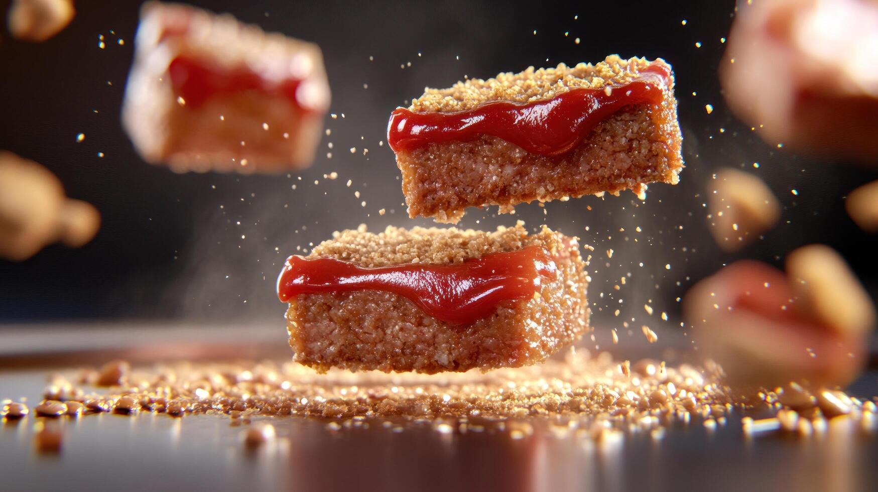 Vegan nuggets with sauce floating above a table with food. Culinary food preparation advertising photo
