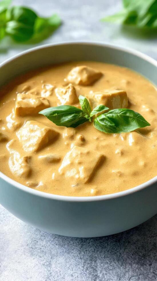 Vegan tofu curry served in a bowl with basil on a grey surface, use for food blogs and recipes photo