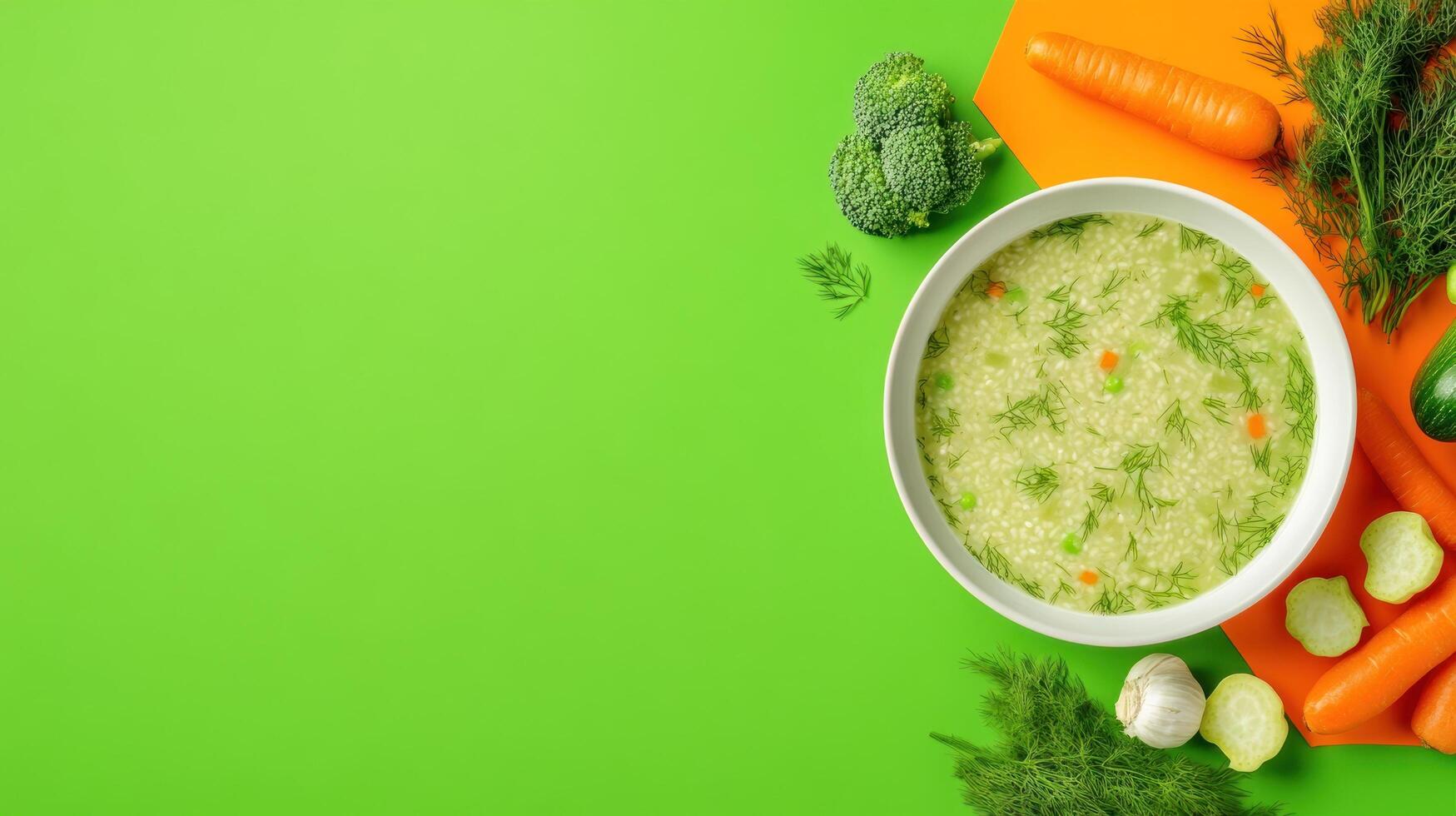 Vegetable soup bowl with carrots, and broccoli, bright green background, healthy food, ad use photo