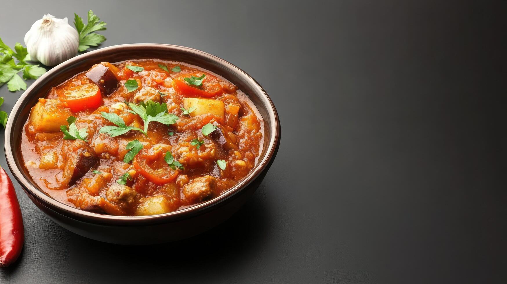 Vegetable stew in bowl. Table with herbs. Culinary blog shot. Recipe idea photo