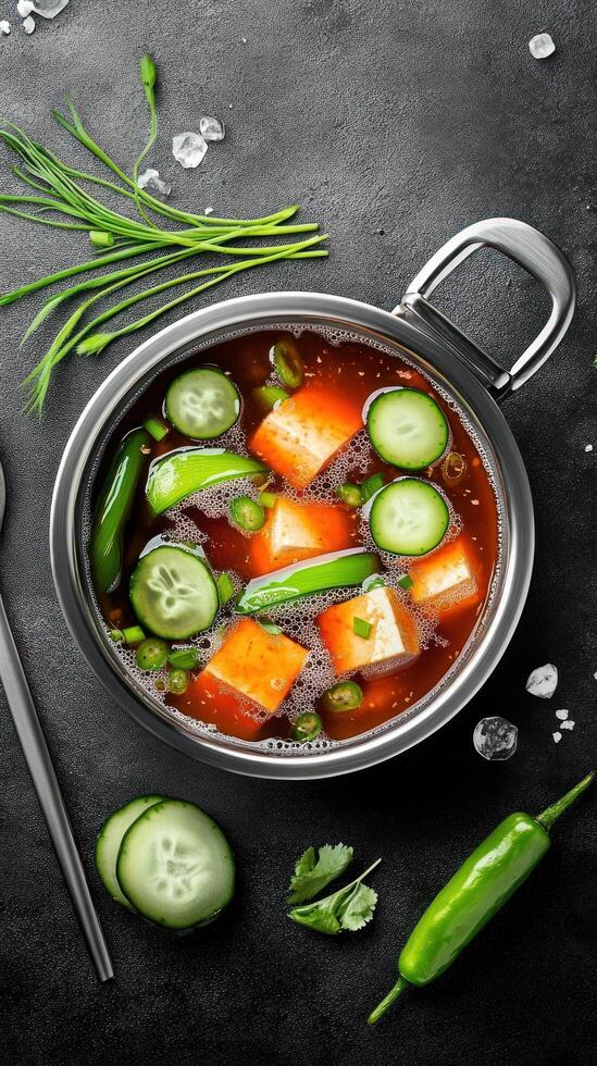 Vegan tomato soup with tofu and cucumber being served on a black table for meal photo
