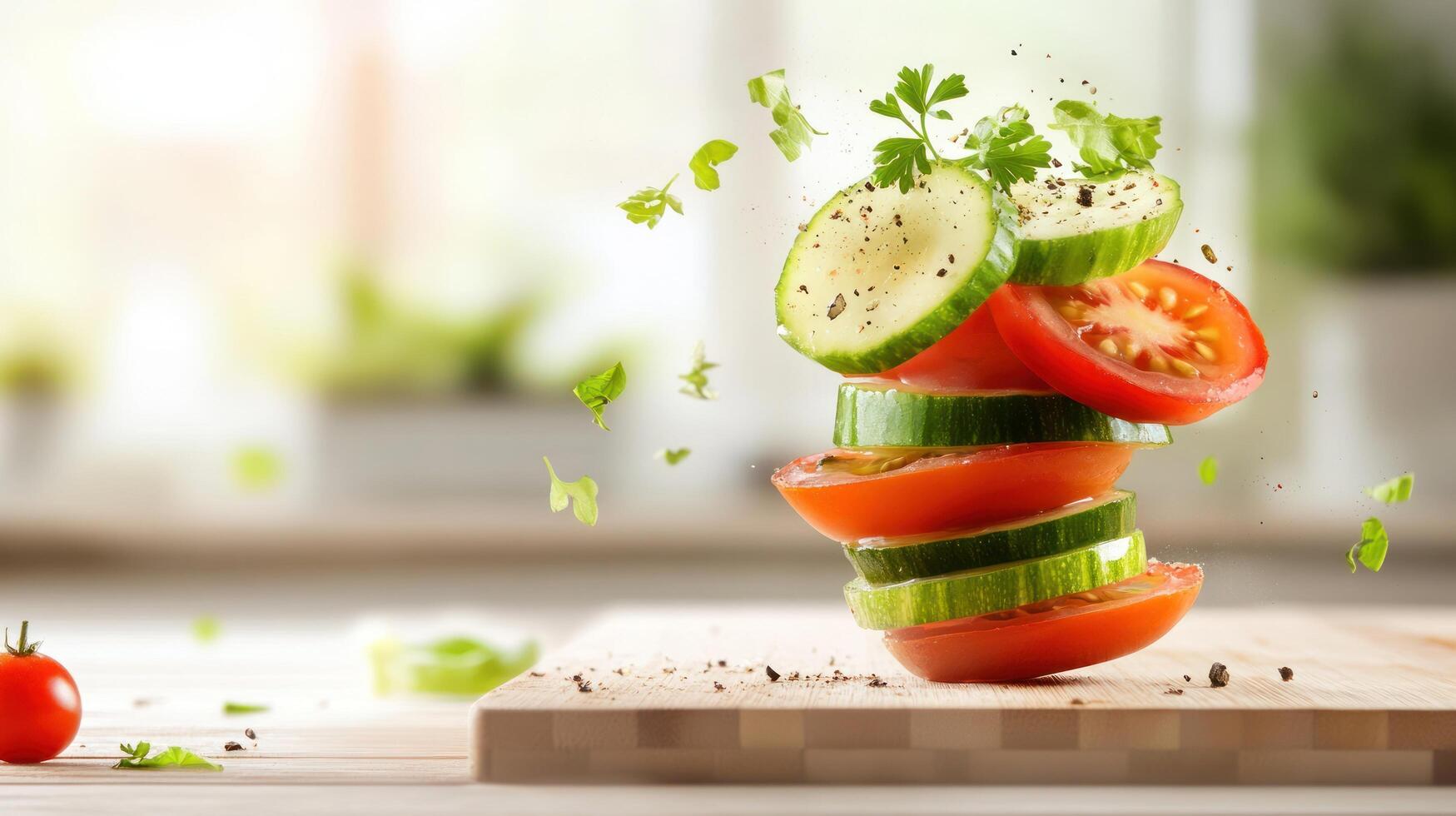 Vegetables and herbs levitate atop a wood block in a kitchen, suggesting healthy diet recipe photo